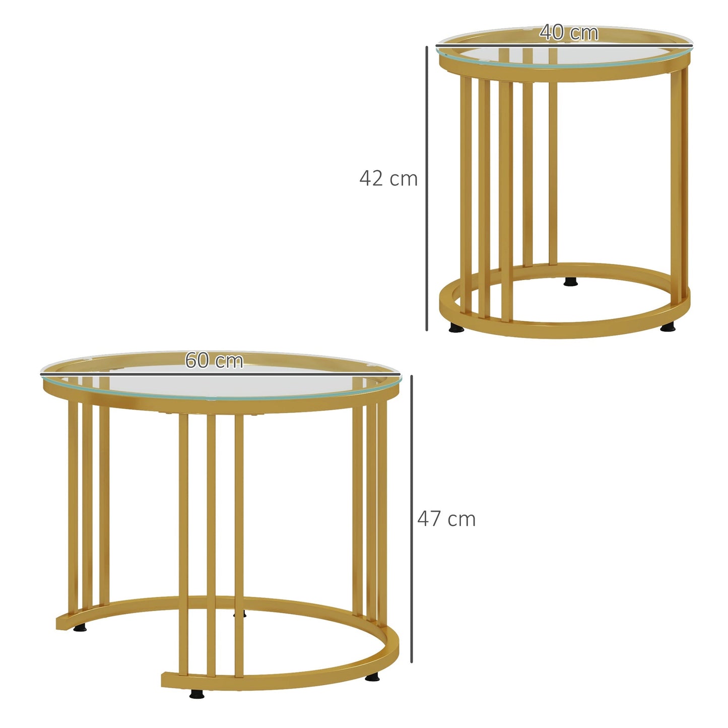 Round Coffee Tables Set of 2, Nesting Tables with Tempered Glass Top and Steel Frame, 60cmx60cmx47cm, Gold Tone-2