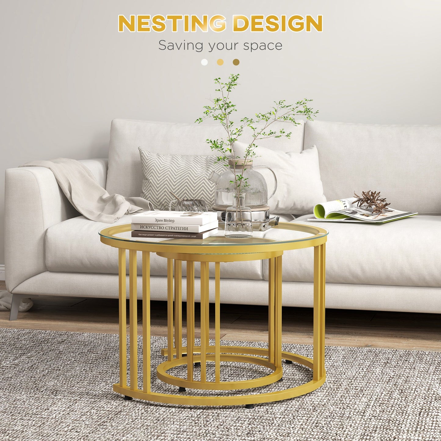 Round Coffee Tables Set of 2, Nesting Tables with Tempered Glass Top and Steel Frame, 60cmx60cmx47cm, Gold Tone-3