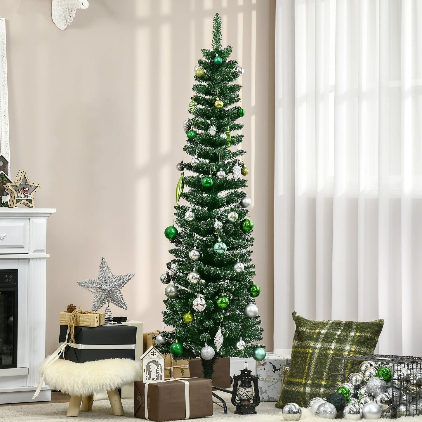 5.5FT Artificial Snow Dipped Christmas Tree Xmas Pencil Tree Holiday Home Indoor Decoration with Foldable Black Stand, Green-1