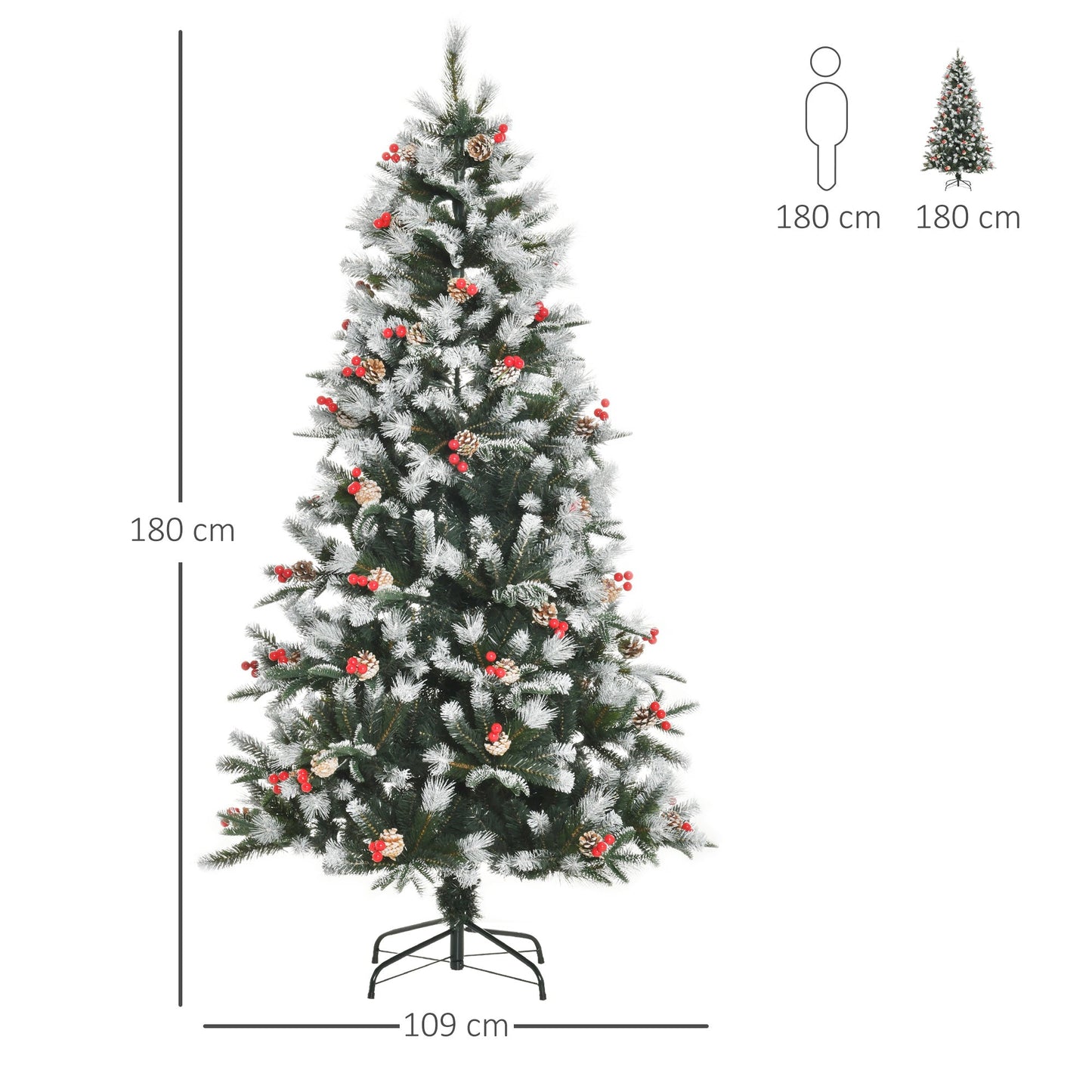 6FT Artificial Snow Dipped Christmas Tree Xmas Pencil Tree Holiday Home Party Decoration with Foldable Feet Red Berries White Pinecones, Green-2