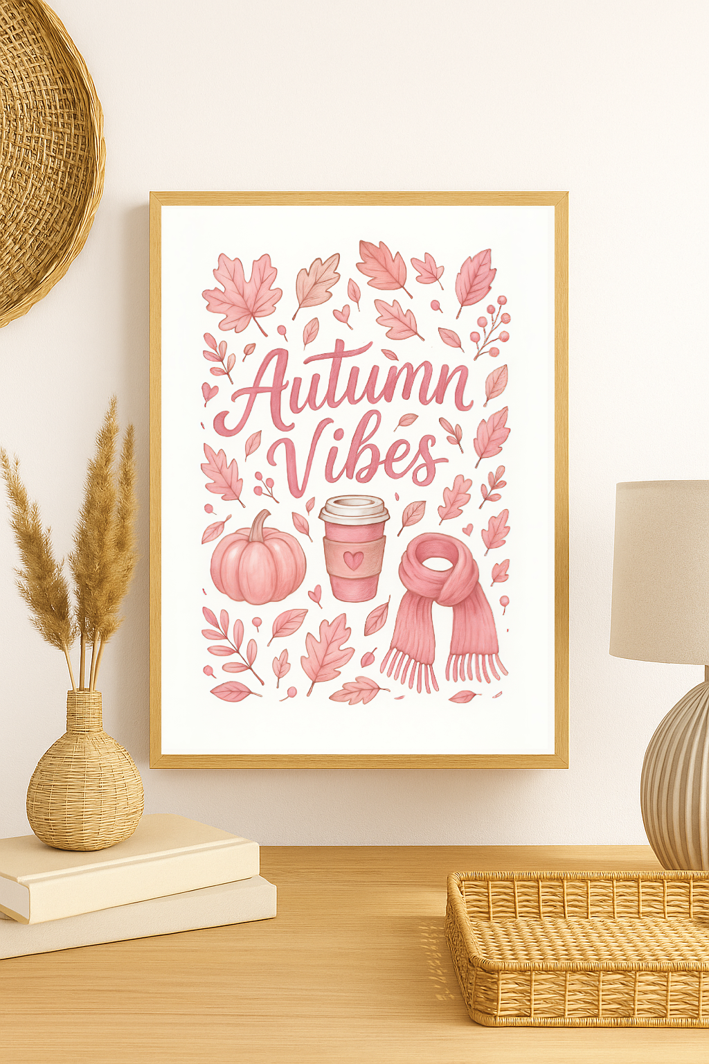 Pink Autumn Vibes Wall Art – Cozy Fall Print with Pumpkins, Coffee & Falling Leaves-0