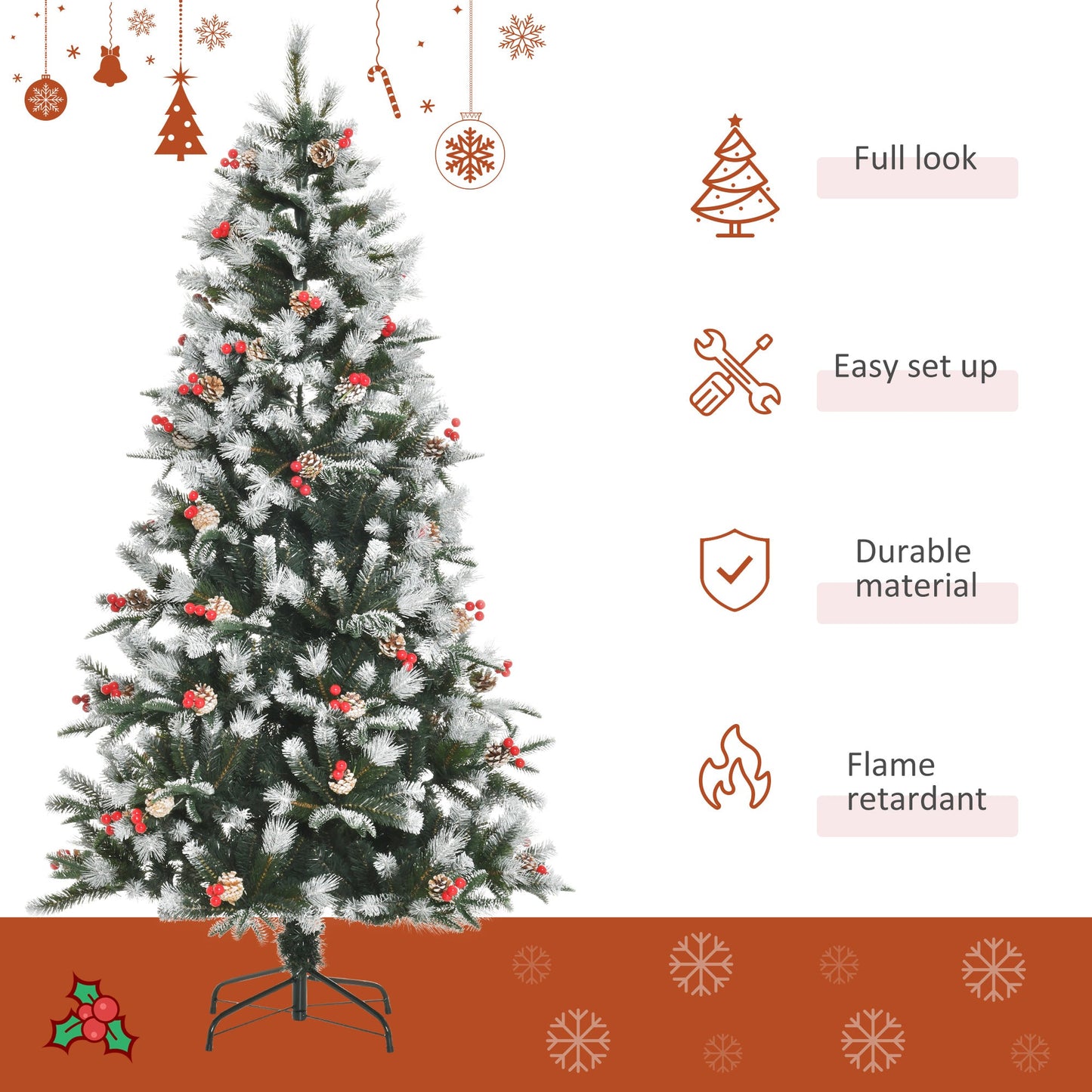 6FT Artificial Snow Dipped Christmas Tree Xmas Pencil Tree Holiday Home Party Decoration with Foldable Feet Red Berries White Pinecones, Green-3
