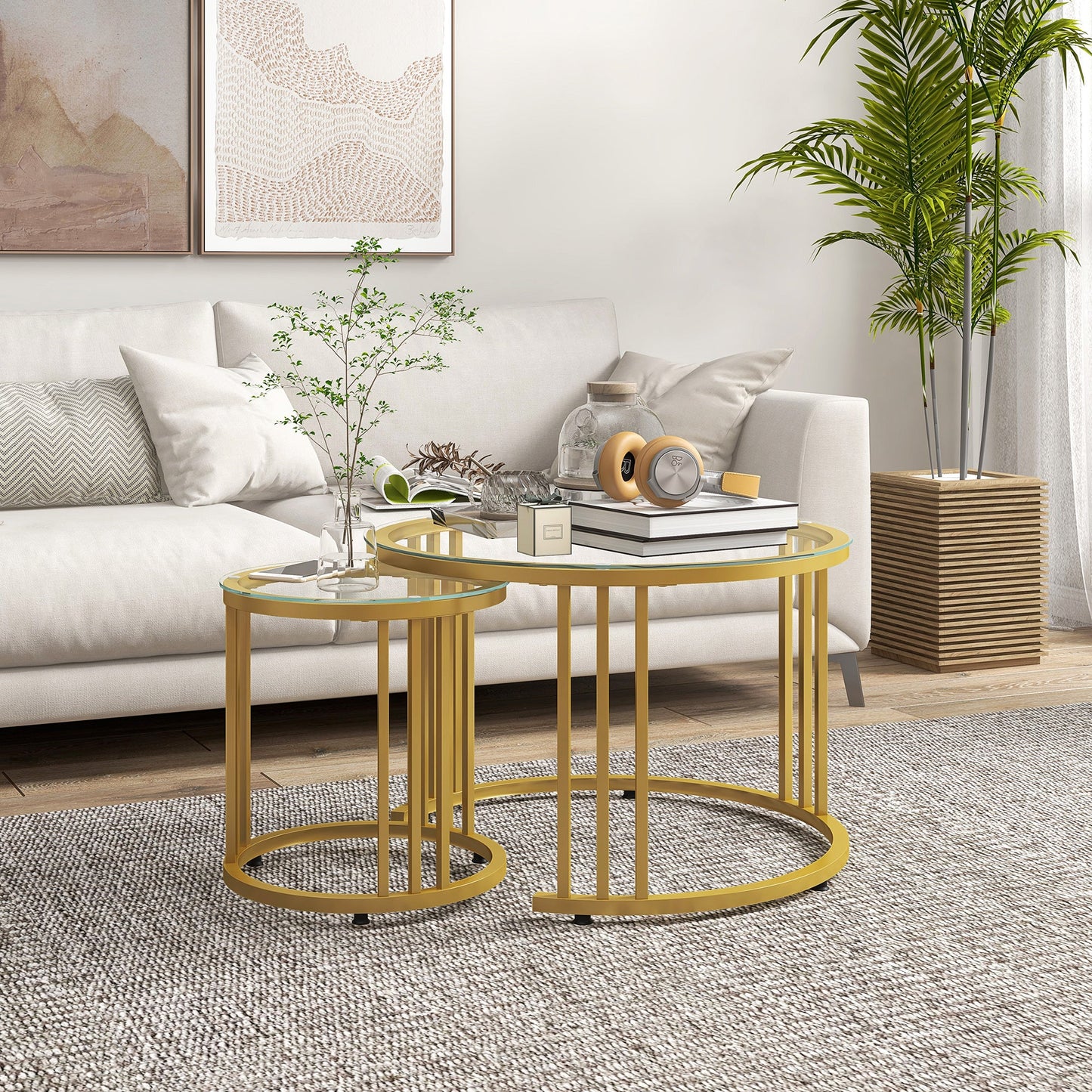 Round Coffee Tables Set of 2, Nesting Tables with Tempered Glass Top and Steel Frame, 60cmx60cmx47cm, Gold Tone-1