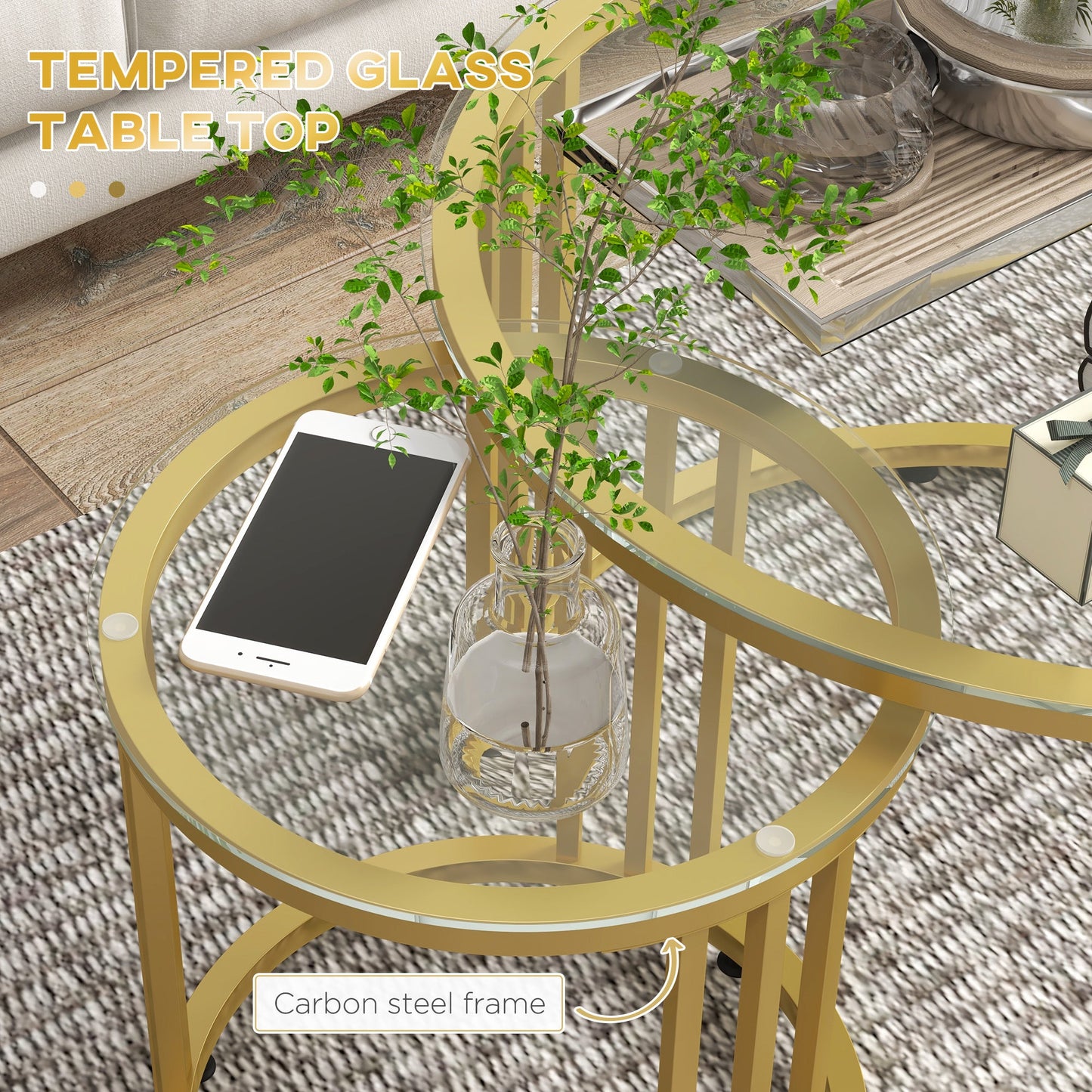 Round Coffee Tables Set of 2, Nesting Tables with Tempered Glass Top and Steel Frame, 60cmx60cmx47cm, Gold Tone-4