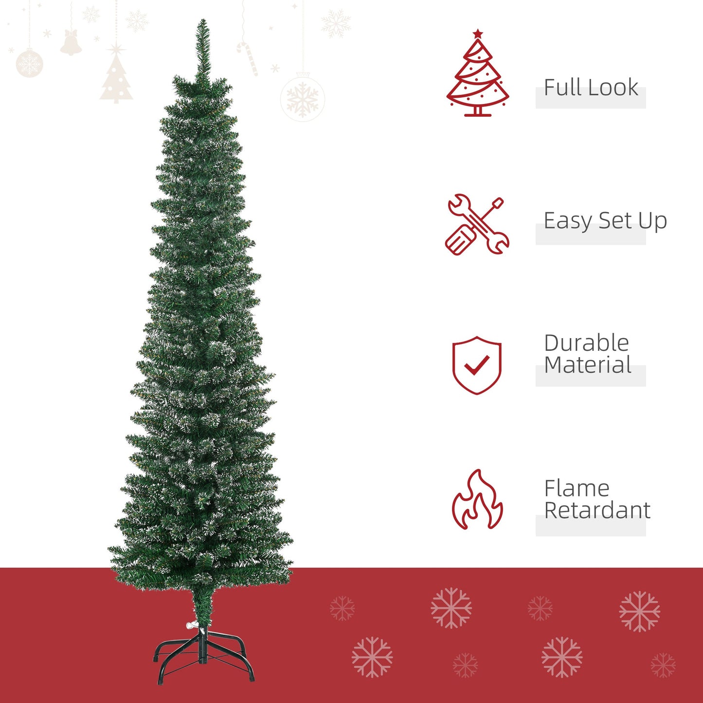 5.5FT Artificial Snow Dipped Christmas Tree Xmas Pencil Tree Holiday Home Indoor Decoration with Foldable Black Stand, Green-3