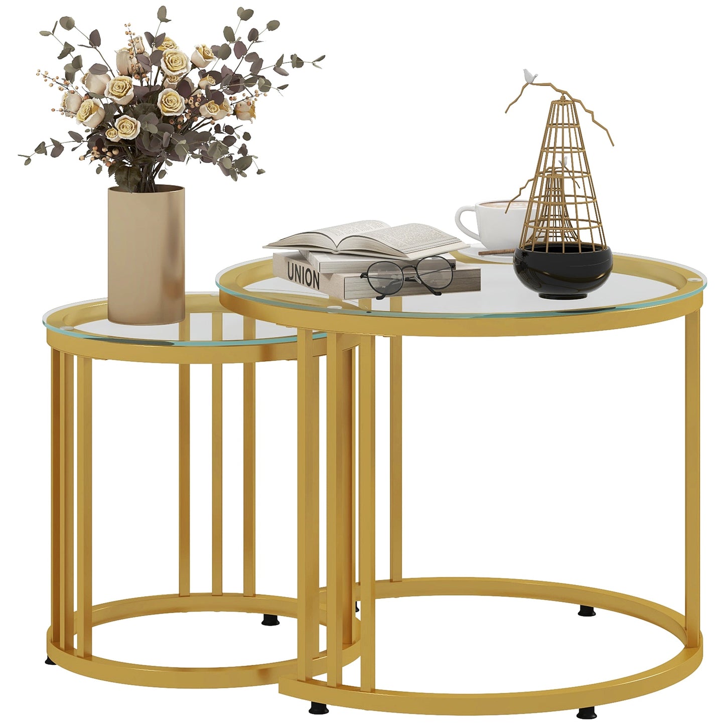 Round Coffee Tables Set of 2, Nesting Tables with Tempered Glass Top and Steel Frame, 60cmx60cmx47cm, Gold Tone-0