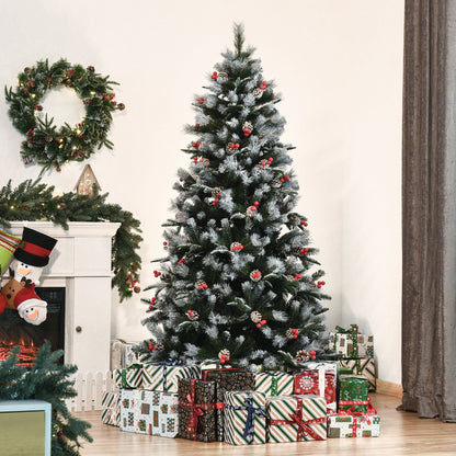 6FT Artificial Snow Dipped Christmas Tree Xmas Pencil Tree Holiday Home Party Decoration with Foldable Feet Red Berries White Pinecones, Green-1