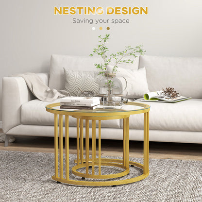 Round Coffee Tables Set of 2, Nesting Tables with Tempered Glass Top and Steel Frame, 60cmx60cmx47cm, Gold Tone-3