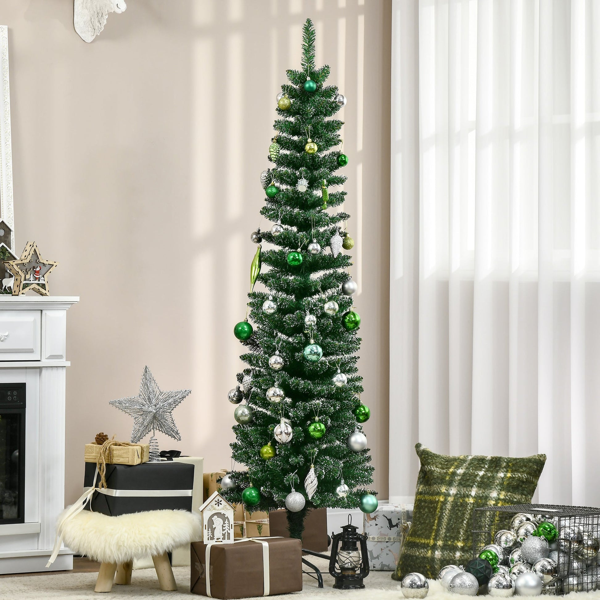 5.5FT Artificial Snow Dipped Christmas Tree Xmas Pencil Tree Holiday Home Indoor Decoration with Foldable Black Stand, Green-1