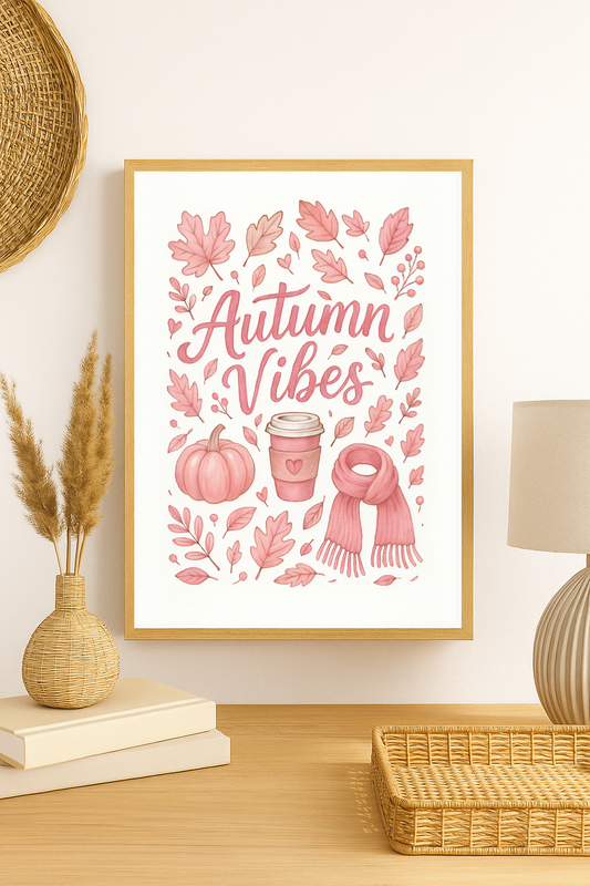 Pink Autumn Vibes Wall Art – Cozy Fall Print with Pumpkins, Coffee & Falling Leaves-0
