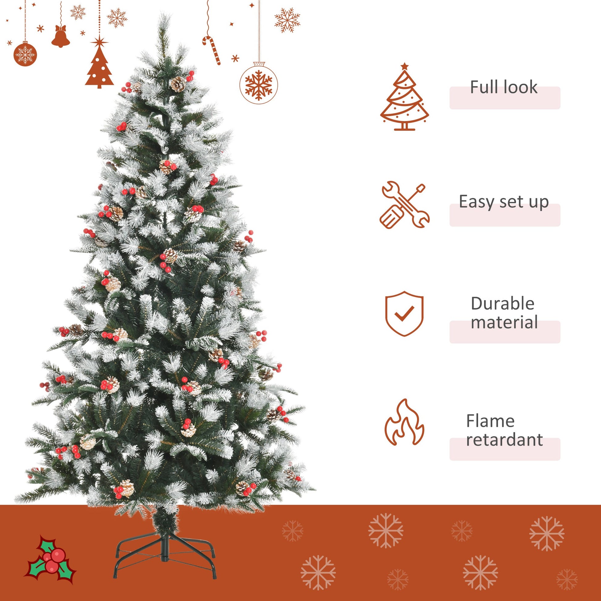 6FT Artificial Snow Dipped Christmas Tree Xmas Pencil Tree Holiday Home Party Decoration with Foldable Feet Red Berries White Pinecones, Green-3
