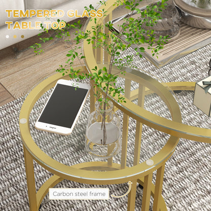 Round Coffee Tables Set of 2, Nesting Tables with Tempered Glass Top and Steel Frame, 60cmx60cmx47cm, Gold Tone-4