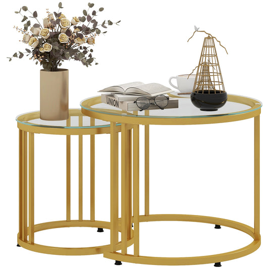 Round Coffee Tables Set of 2, Nesting Tables with Tempered Glass Top and Steel Frame, 60cmx60cmx47cm, Gold Tone-0